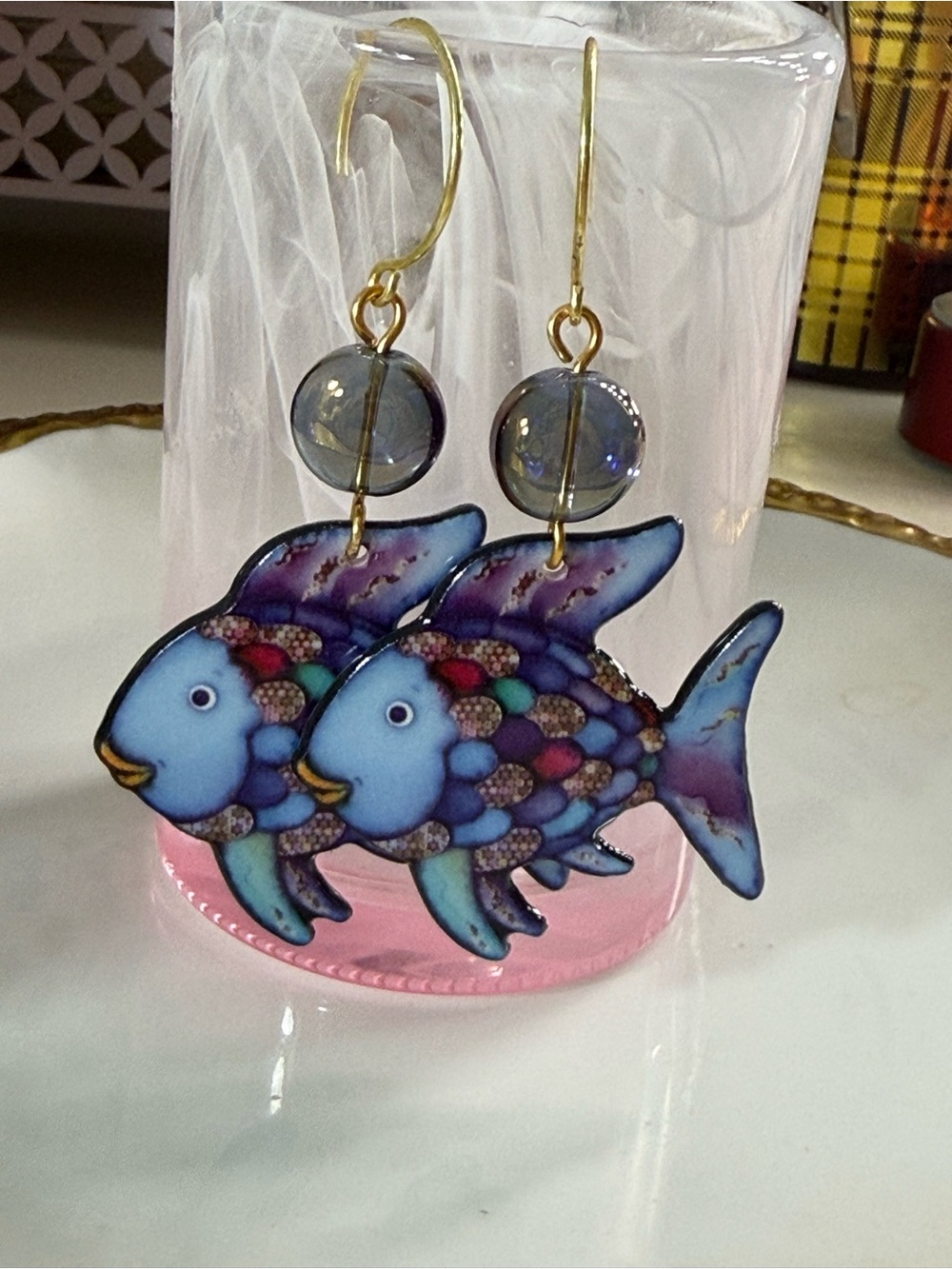 Handcrafted Blue Multicolor Fish Drop Earrings - Gold Hooks